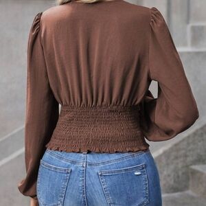 No Comment Brown Smocked Waist Blouse Puff Sleeve V-Neck Medium NWT